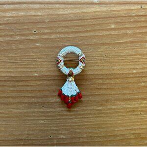 Vintage Thai Wreath Pin Brooch Red White Enamel Gold Tone Rhinestones